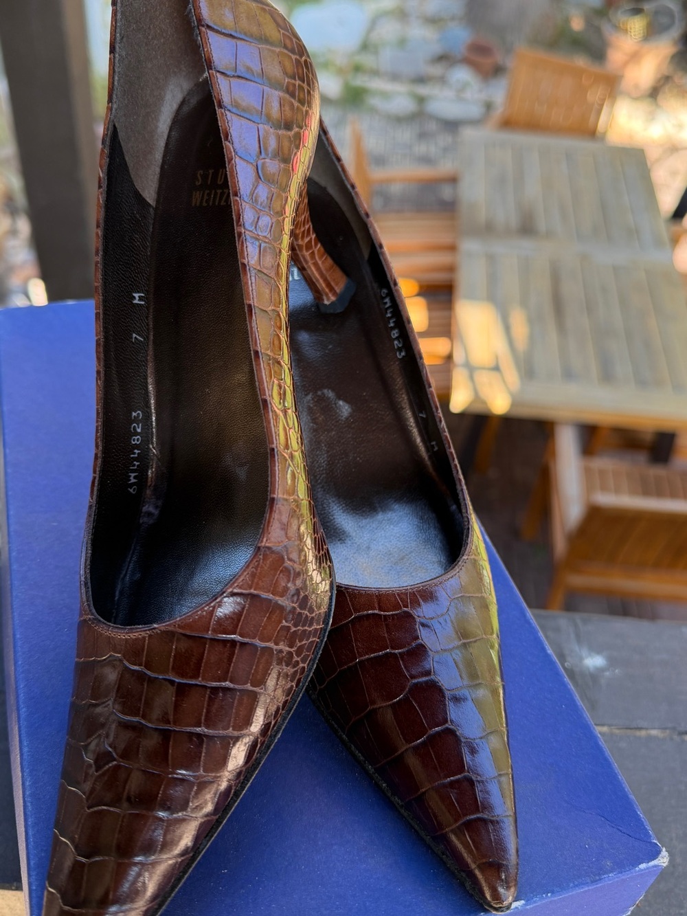 Stuart Weitzman Dark Brown Croc-Embossed Pointed Toe Pumps